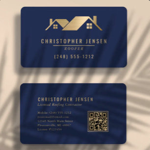 QR Code Roofing Business Navy Blue Gold Rounded Card