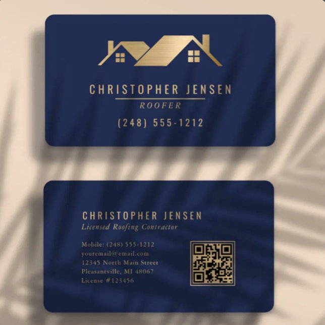 QR Code Roofing Business Navy Blue Gold Rounded Card (Creator Uploaded)