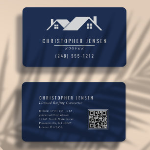 QR Code Roofing Business Navy Blue Grey Rounded Card