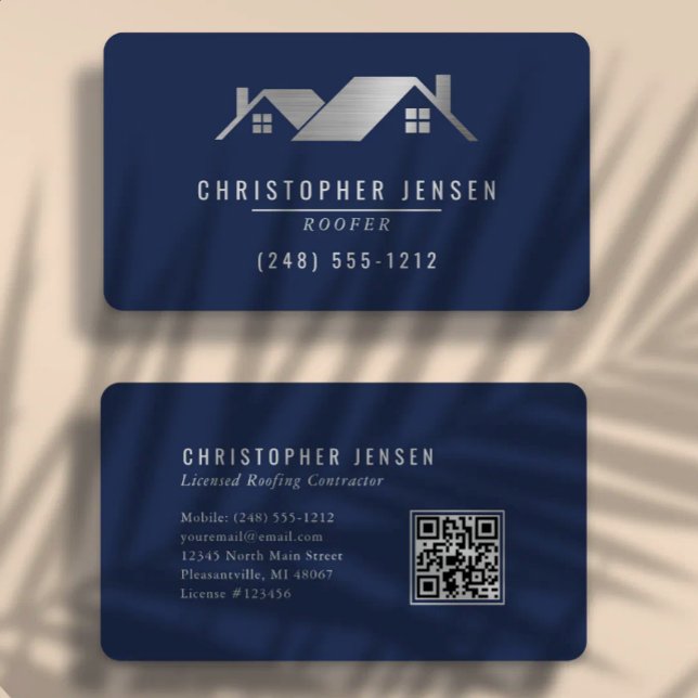 QR Code Roofing Business Navy Blue Silver Rounded Card (Creator Uploaded)