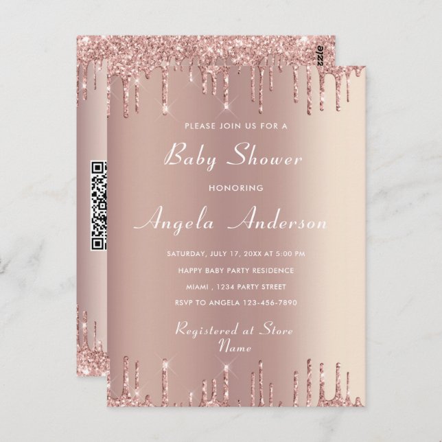 QR Code Rose Gold Baby Boy Shower Invitation Card (Front/Back)