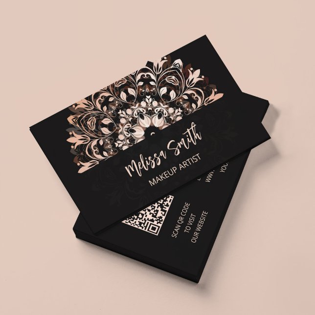 QR Code | Rose Gold Black Floral Mandala Business Card (Creator Uploaded)
