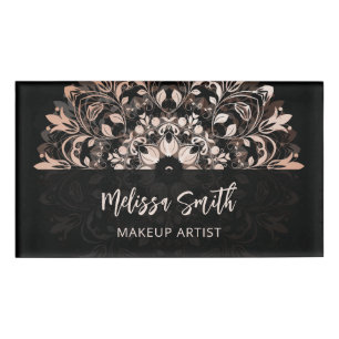 QR Code Rose Gold Black Floral Mandala Name Tag