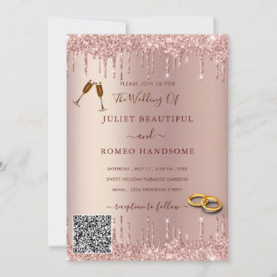 QR Code Rose Gold Blush Drips Wedding Invitation 