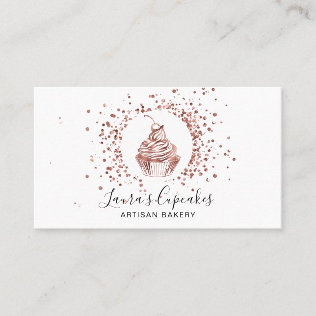 QR Code Rose Gold Cupcake Bakery Chef Cake Business Card (Front)