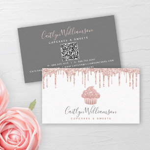 QR Code Rose Gold Cupcake Glitter Drip Bakery Chef Business Card