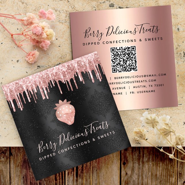 QR Code Rose Gold Drip Strawberry Confection Black Square Business Card (Creator Uploaded)