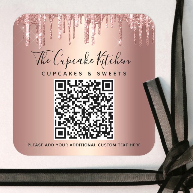QR Code Rose Gold Glitter Drips Script Business Square Sticker (Creator Uploaded)