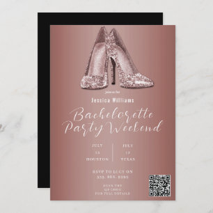 QR CODE Rose Gold Glitter Shoes Bachelorette Invitation