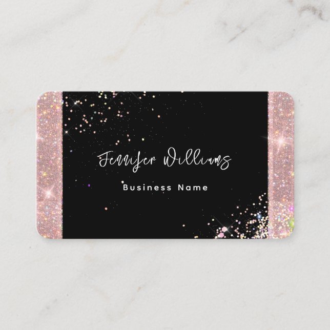 QR Code Rose Gold Glitter Trendy Black Business Card (Front)