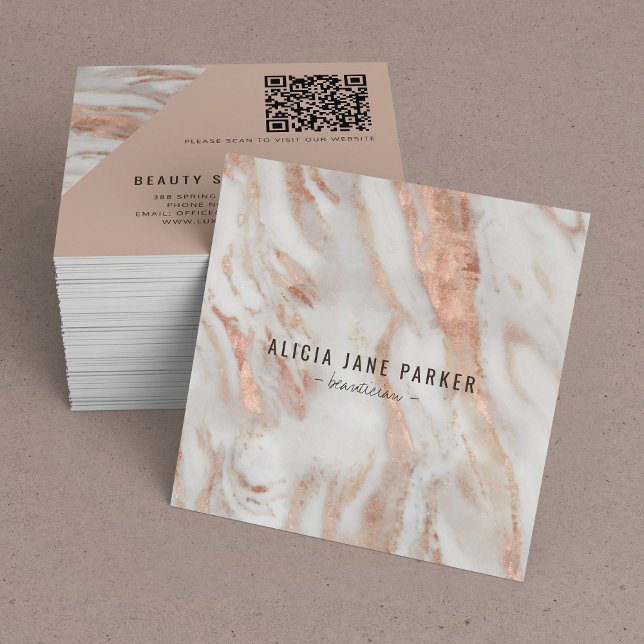 QR code rose gold marble elegant professional Square Business Card (Creator Uploaded)