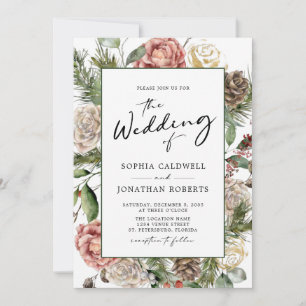 QR Code Roses and Pine Calligraphy Winter Wedding Invitation