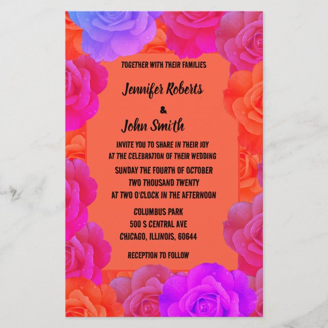 QR Code Roses Pink Orange Purple Floral Wedding Stationery (Front)