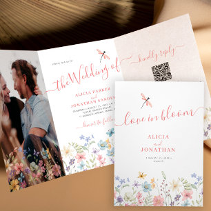 QR code RSVP all in one floral wedding Tri-Fold Invitation
