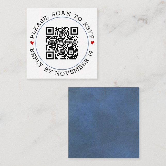 QR code RSVP blue border and hearts wedding Enclosure Card (Front/Back)