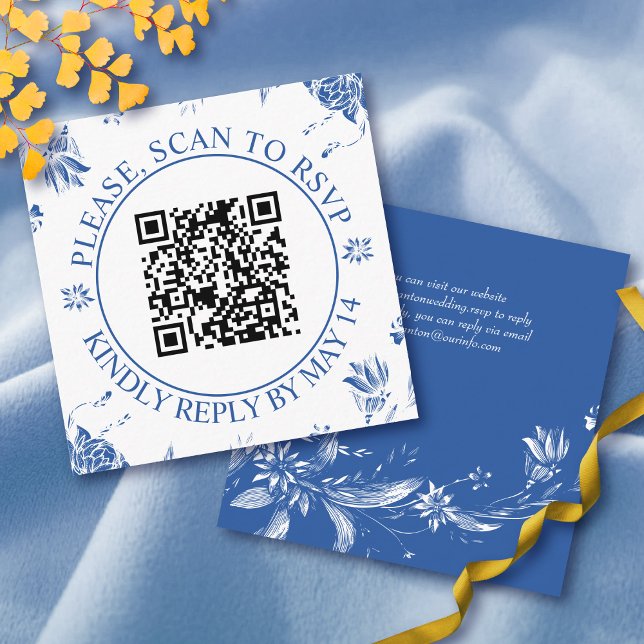 QR code RSVP, blue flowers floral wedding Enclosure Card (Creator Uploaded)