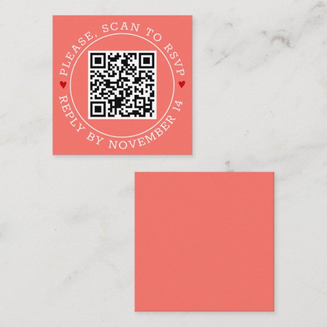 QR code RSVP border and hearts coral wedding Enclosure Card (Front/Back)
