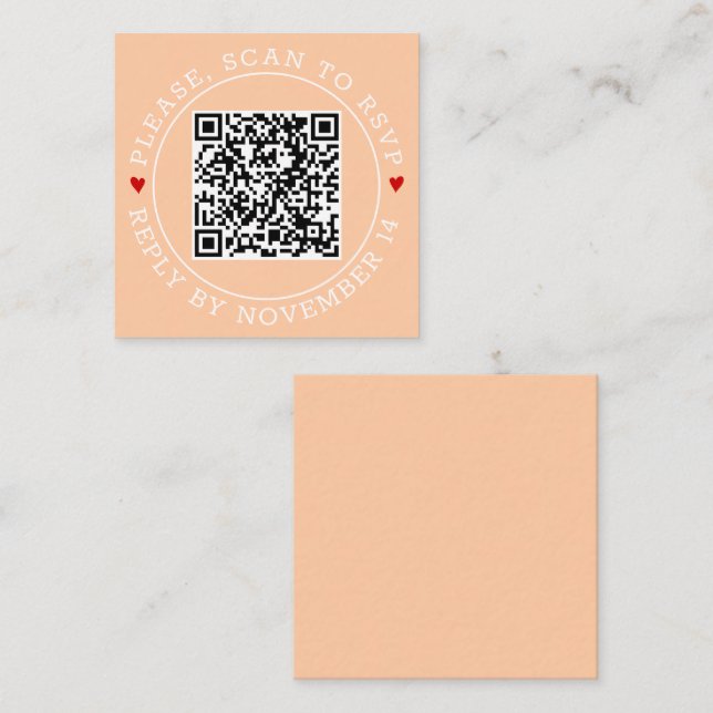 QR code RSVP border and hearts peach wedding Enclosure Card (Front/Back)