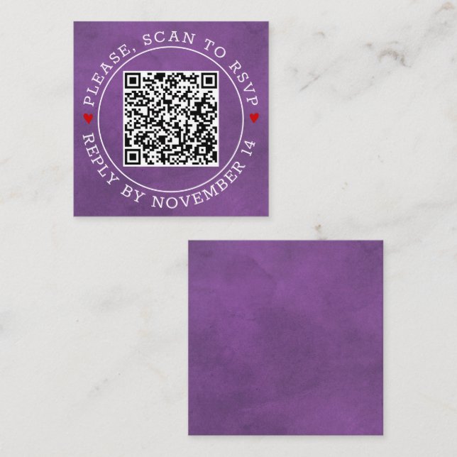QR code RSVP border, hearts stained purple wedding Enclosure Card (Front/Back)
