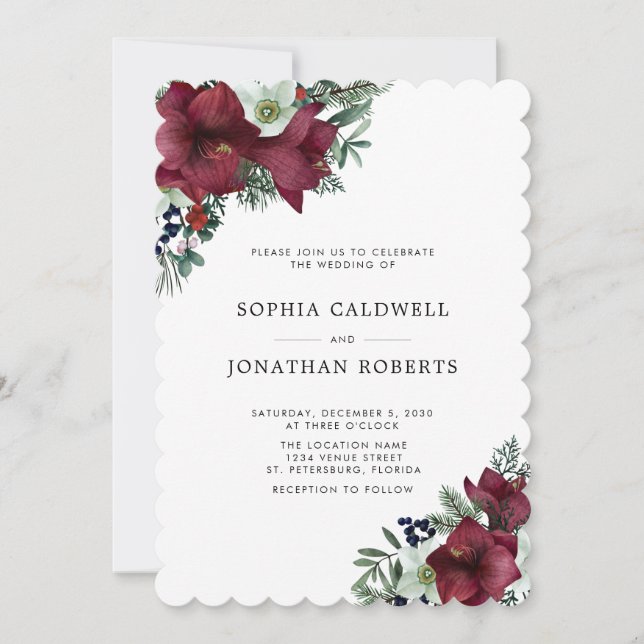 QR Code RSVP Burgundy Floral Winter Wedding  Invitation (Front)