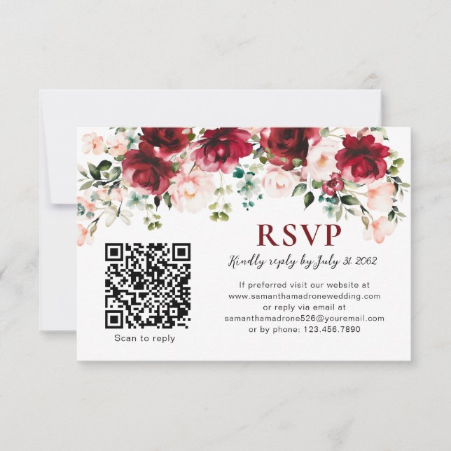 QR Code RSVP Card Burgundy Blush Floral Wedding (Front)
