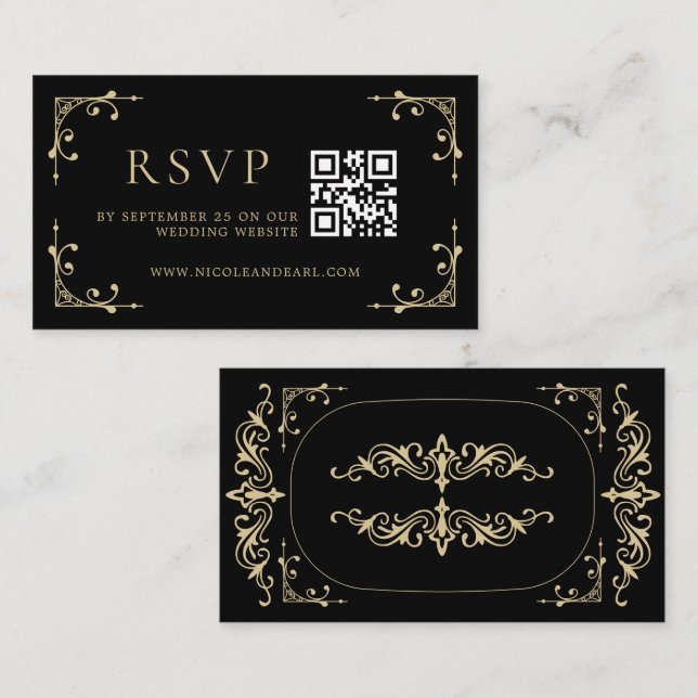 Qr Code RSVP Elegant Deco Gold Black Retro Wedding Enclosure Card (Front/Back)