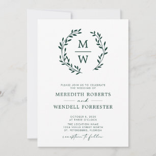 QR Code RSVP Emerald Green Monogram Wreath Wedding Invitation