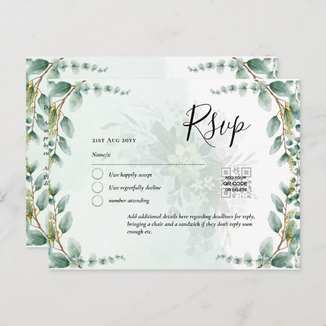 QR CODE RSVP Eucalyptus Leaves Greenery Wedding Po Postcard (Front/Back)
