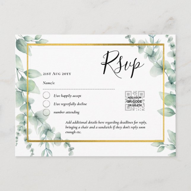 QR CODE RSVP Eucalyptus Leaves Greenery Wedding Po Postcard (Front)