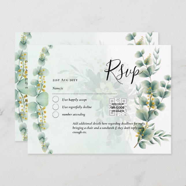QR CODE RSVP Eucalyptus Leaves Greenery Wedding Po Postcard (Front/Back)