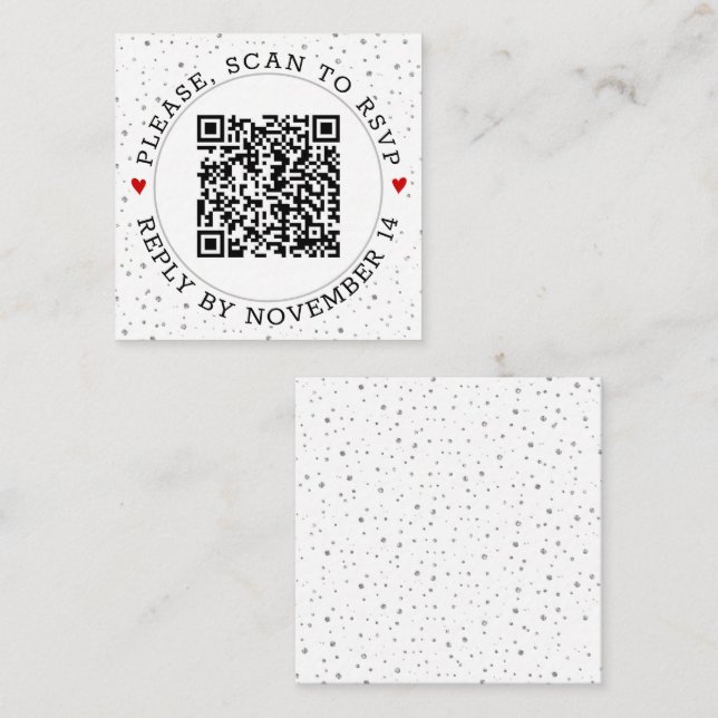 QR code RSVP grey border and silver confetti Enclosure Card (Front/Back)