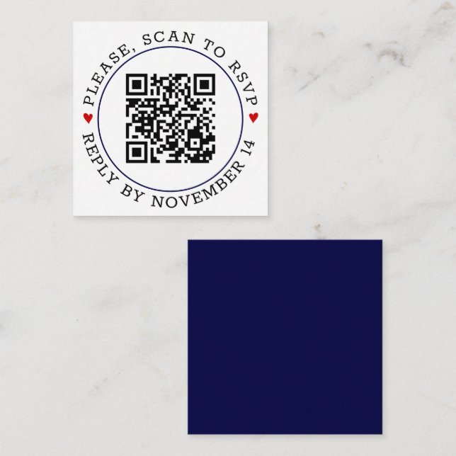 QR code RSVP navy blue border and hearts wedding Enclosure Card (Front/Back)