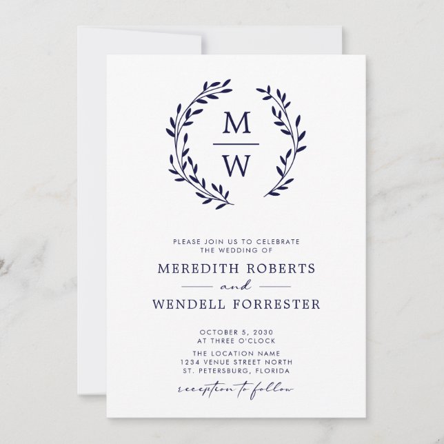 QR Code RSVP Navy Blue Monogram Wreath Wedding Invitation (Front)