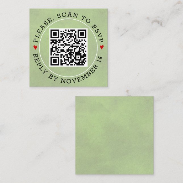 QR code RSVP stained sage green and hearts wedding Enclosure Card (Front/Back)
