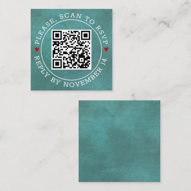QR code RSVP stained teal blue and hearts wedding Enclosure Card (Front/Back)