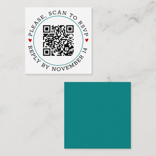 QR code RSVP teal blue border and hearts wedding Enclosure Card (Front/Back)