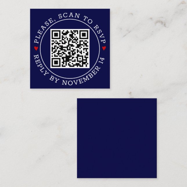 QR code RSVP with border hearts navy blue wedding Enclosure Card (Front/Back)