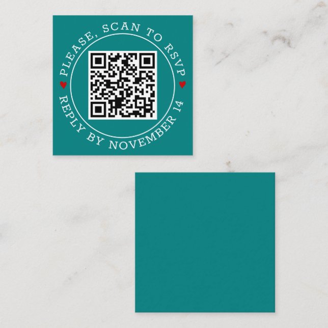 QR code RSVP with border hearts teal blue wedding Enclosure Card (Front/Back)