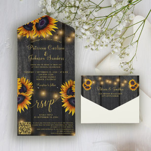 QR code rustic gold sunflower barn wood wedding All In One Invitation