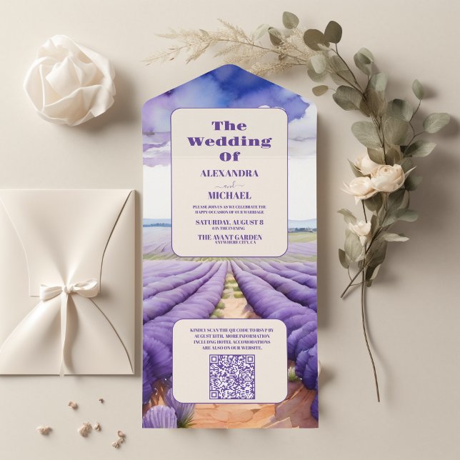 QR Code Rustic Lavender  Wedding All In One Invitation (Creator Uploaded)