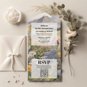 QR Code Rustic Mountain Forest Evergreen Wedding All In One Invitation