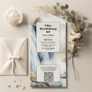 QR Code Rustic Mountain Waterfall Boho Wedding All In One Invitation