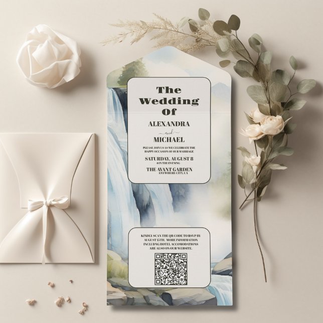 QR Code Rustic Mountain Waterfall Boho Wedding All In One Invitation (Creator Uploaded)