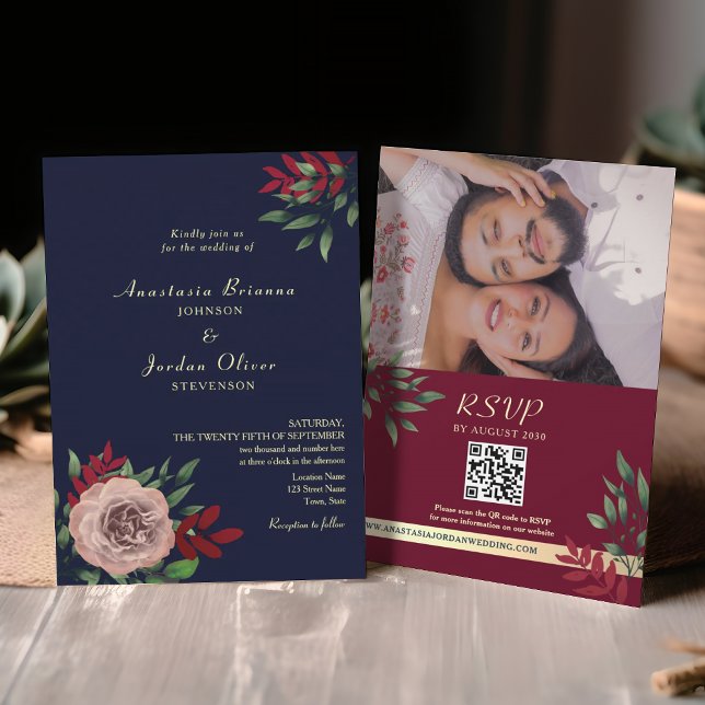 QR Code Rustic Navy Burgundy Wedding Invitation (Creator Uploaded)