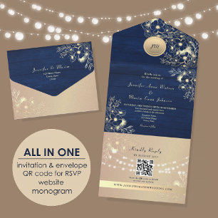 QR Code Rustic Navy Rose Gold Wedding All In One Invitation