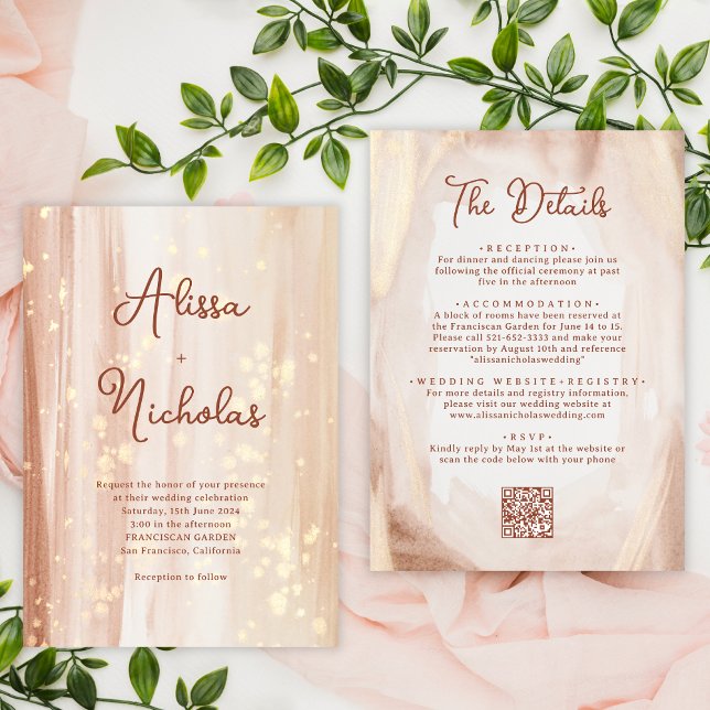 QR code Rustic Terracotta Gold Watercolor Wedding Invitation (Creator Uploaded)
