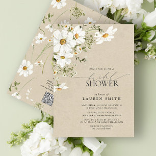 QR Code Rustic Watercolor Daisy Bridal Shower Invitation