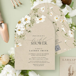 QR Code Rustic Watercolor Daisy Bridal Shower Invitation