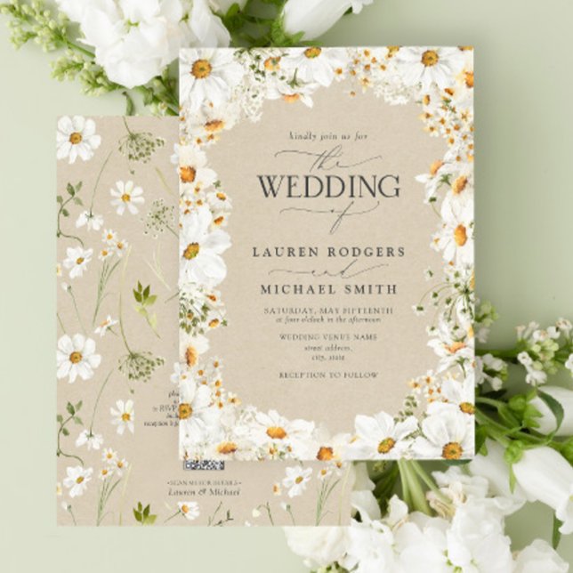 QR Code Rustic Watercolor Daisy Flowers Wedding Invitation (QR Code Wedding Invitation)