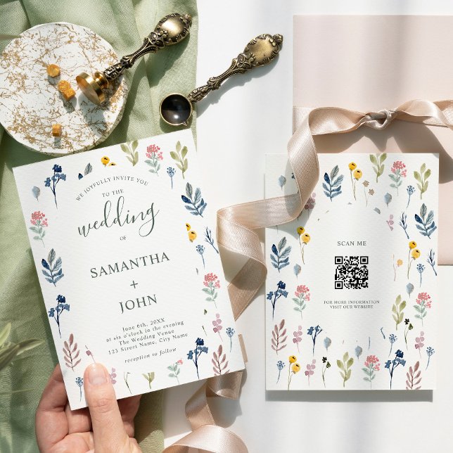 QR Code Rustic Wildflower Modern Wedding Invitation (Creator Uploaded)